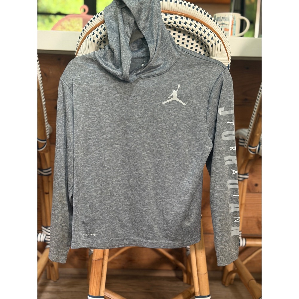 Jordan Boys Gray Dri-FIT Lightweight Long Sleeve Hoodie Jumpman Logo Size L